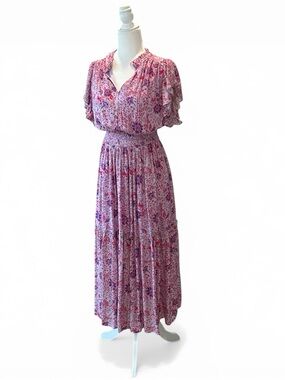 Umgee Pink Metallic Floral Smocked Waist Midi Dress Tiered Small